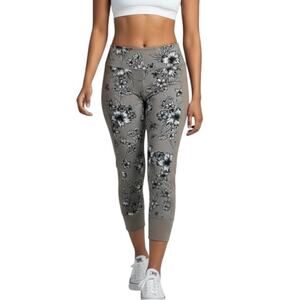Mono B Women's Capri Leggings M Beige Floral Print Side Mesh Athletic Activewear
